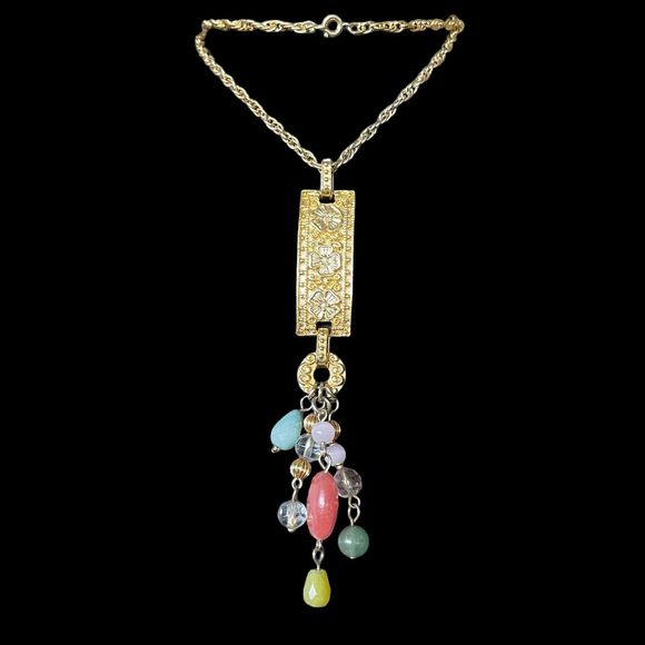 Vintage Signed AAI Pendant Fancy Necklace Gold Tone Stone Glass Dangle Beads - Picture 2 of 8